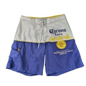 Corona Extra Board Shorts Blue White Mens 36 Beer Promo Swim Trunks Cargo Pocket